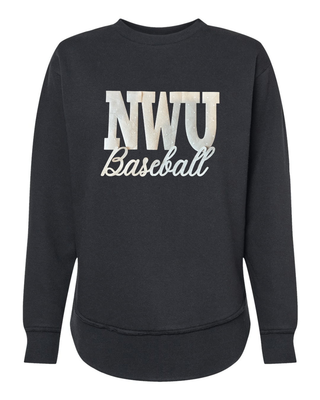 NWU BASEBALL (BEIGE POLKA DOT + GOLD METALLIC) - BLACK WOMENS FLEECE LONG CREW