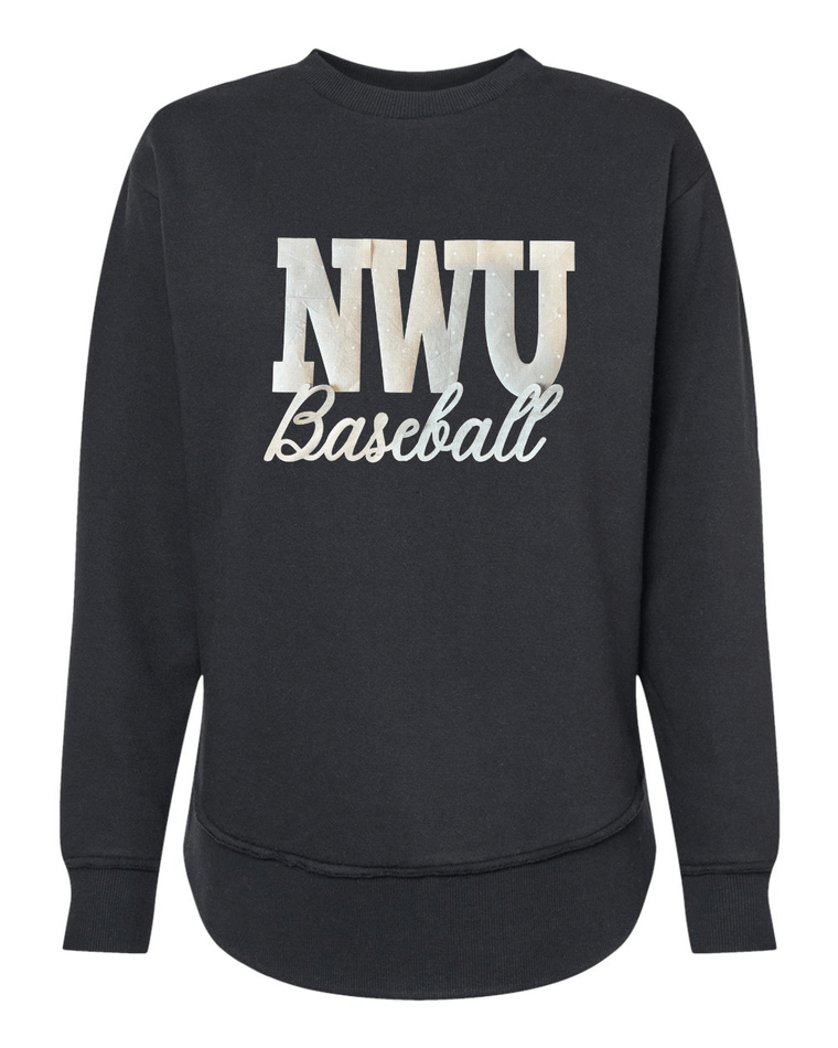 NWU BASEBALL (BEIGE POLKA DOT + GOLD METALLIC) - BLACK WOMENS FLEECE LONG CREW