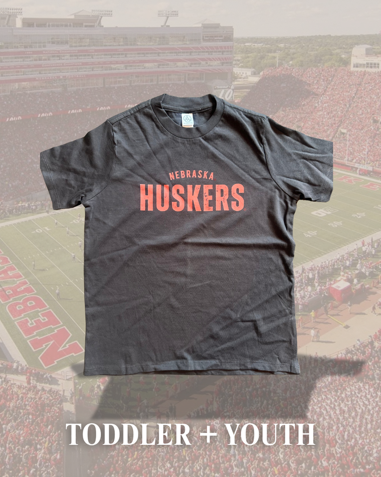 RED NEBRASKA HUSKERS TRANSFER DESIGN -  CHARCOAL TEE (TODDLER + YOUTH)