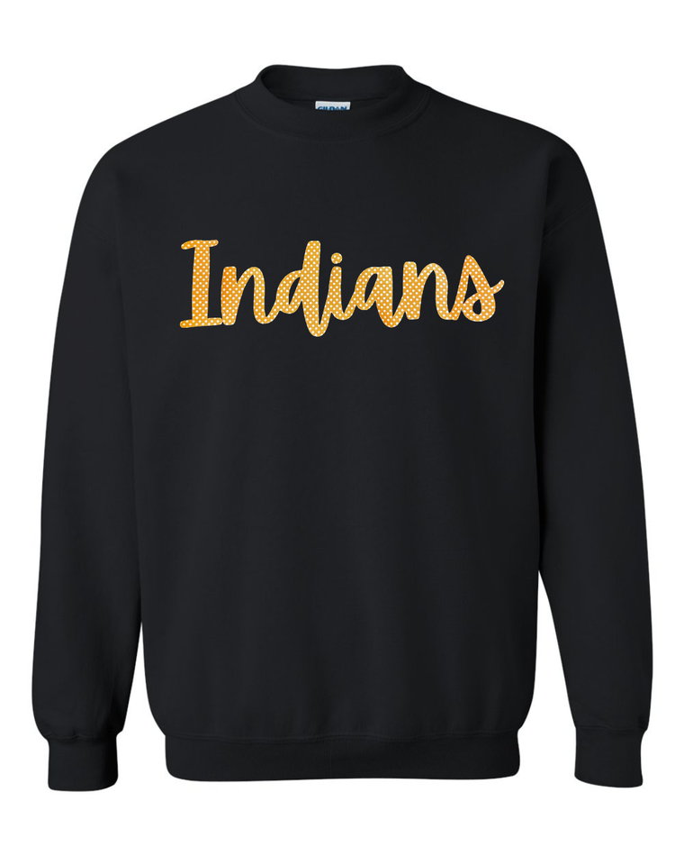 CURSIVE ORANGE/WHITE POLKA DOT INDIANS - BLACK GILDAN CREW - YOUTH + ADULT
