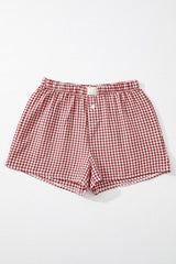 Lovesoft - Red Plaid Gingham Printed High Waist Shorts: Red Stripe / 100%Polyester / S