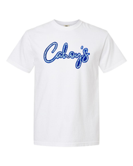 BLUE FLORAL/BLUE CAHOY'S - WHITE TEE (YOUTH + ADULT)