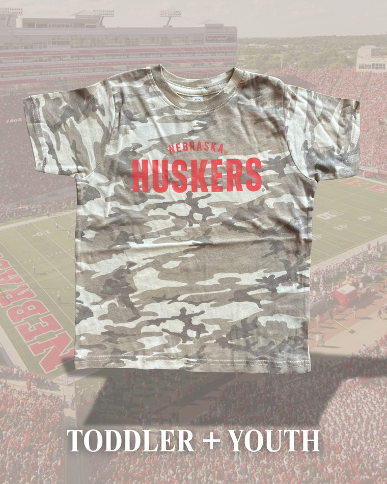 RED NEBRASKA HUSKERS TRANSFER DESIGN - NATURAL CAMO TEE (TODDLER + YOUTH)