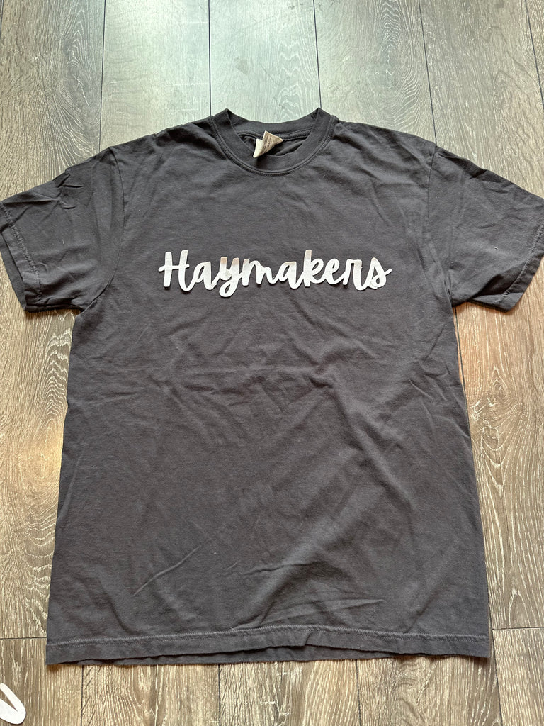 CURSIVE WHITE SPARKLE HAYMAKERS - GREY COMFORT COLORS TEE (YOUTH + ADULT)