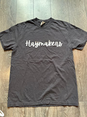 CURSIVE WHITE SPARKLE HAYMAKERS - GREY COMFORT COLORS TEE (YOUTH + ADULT)