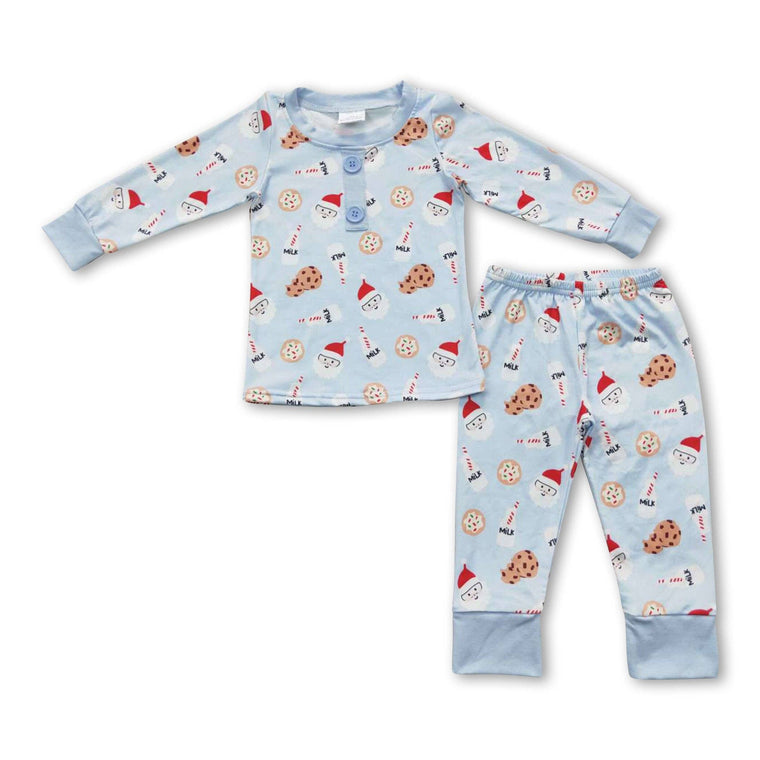 Yawoo Garments - Sky blue cookie santa milk boy Christmas pajamas: 2T