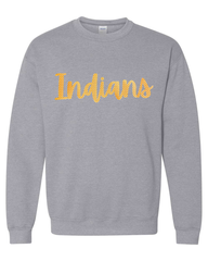 CURSIVE ORANGE/WHITE POLKA DOT INDIANS - SPORT GREY GILDAN CREW - YOUTH + ADULT