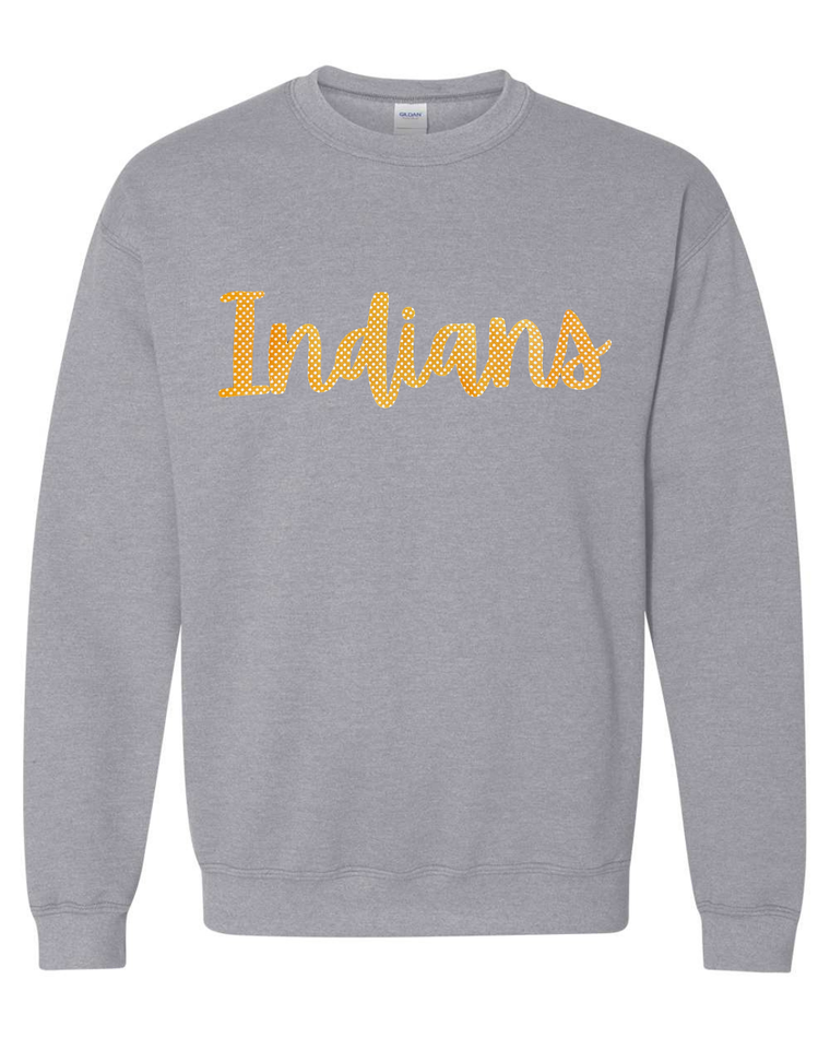 CURSIVE ORANGE/WHITE POLKA DOT INDIANS - SPORT GREY GILDAN CREW - YOUTH + ADULT