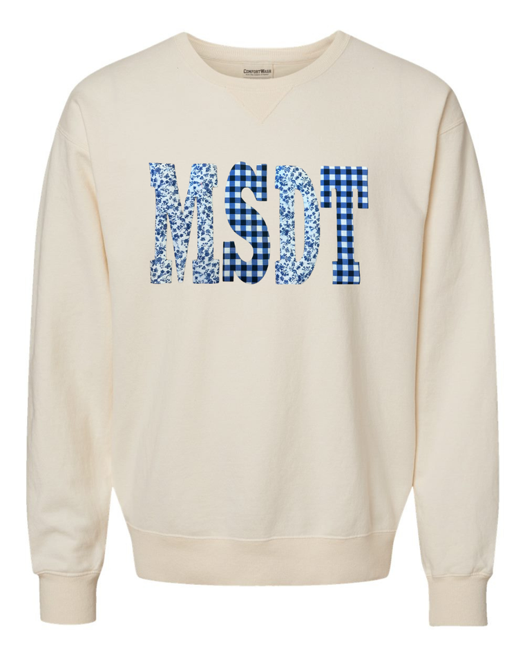 BLUE FLORAL + NAVY GINGHAM MSDT - IVORY COMFORTWASH CREW