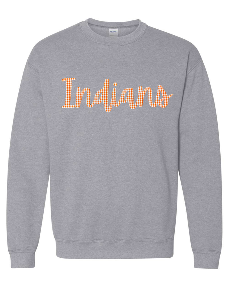 CURSIVE ORANGE/WHITE GINGHAM INDIANS - SPORT GREY GILDAN CREW - YOUTH + ADULT