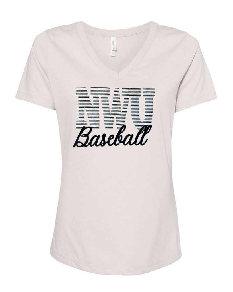 NWU BASEBALL (BLACK/WHITE STRIPE + BLACK) - HEATHER DUST V NECK TEE