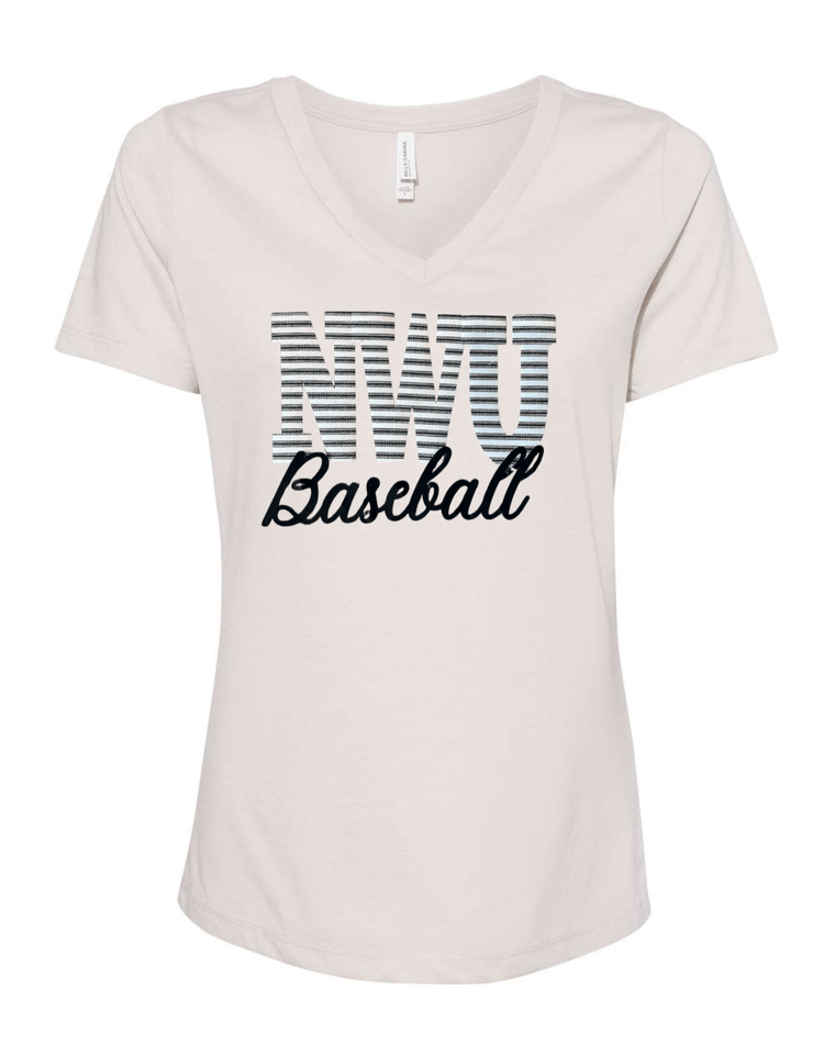 NWU BASEBALL (BLACK/WHITE STRIPE + BLACK) - HEATHER DUST V NECK TEE