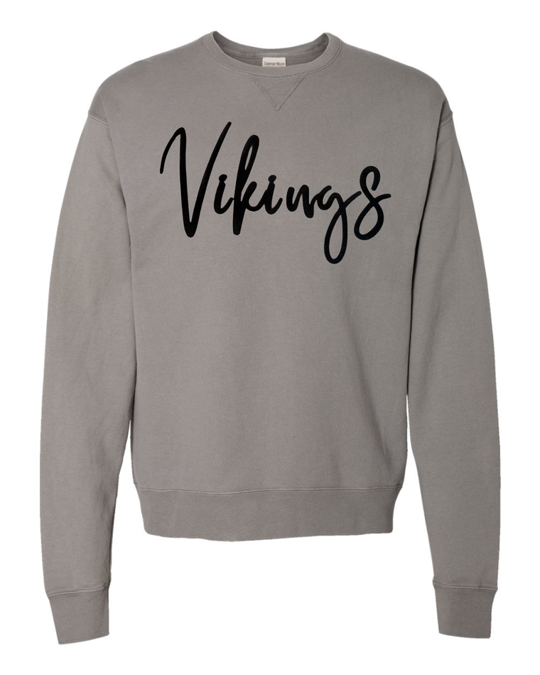 TALL CURSIVE BLACK VIKINGS - GREY COMFORTWASH CREW