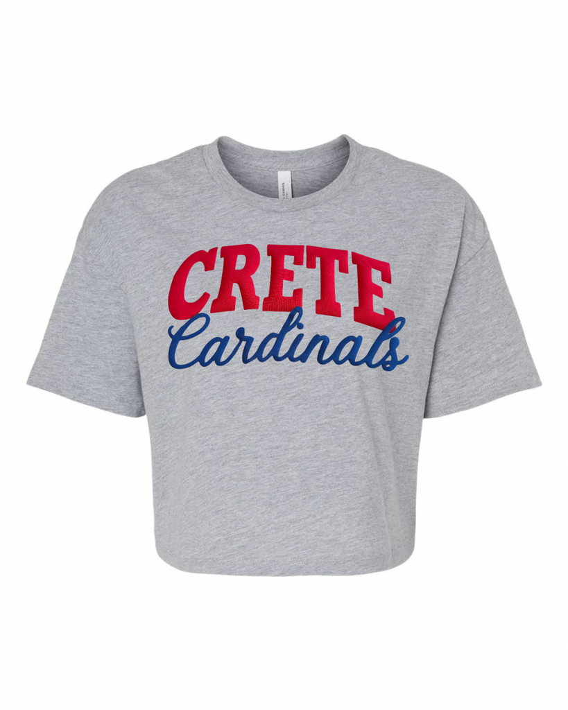 RED CRETE BLUE CURSIVE CARDINALS - GREY CROP TEE