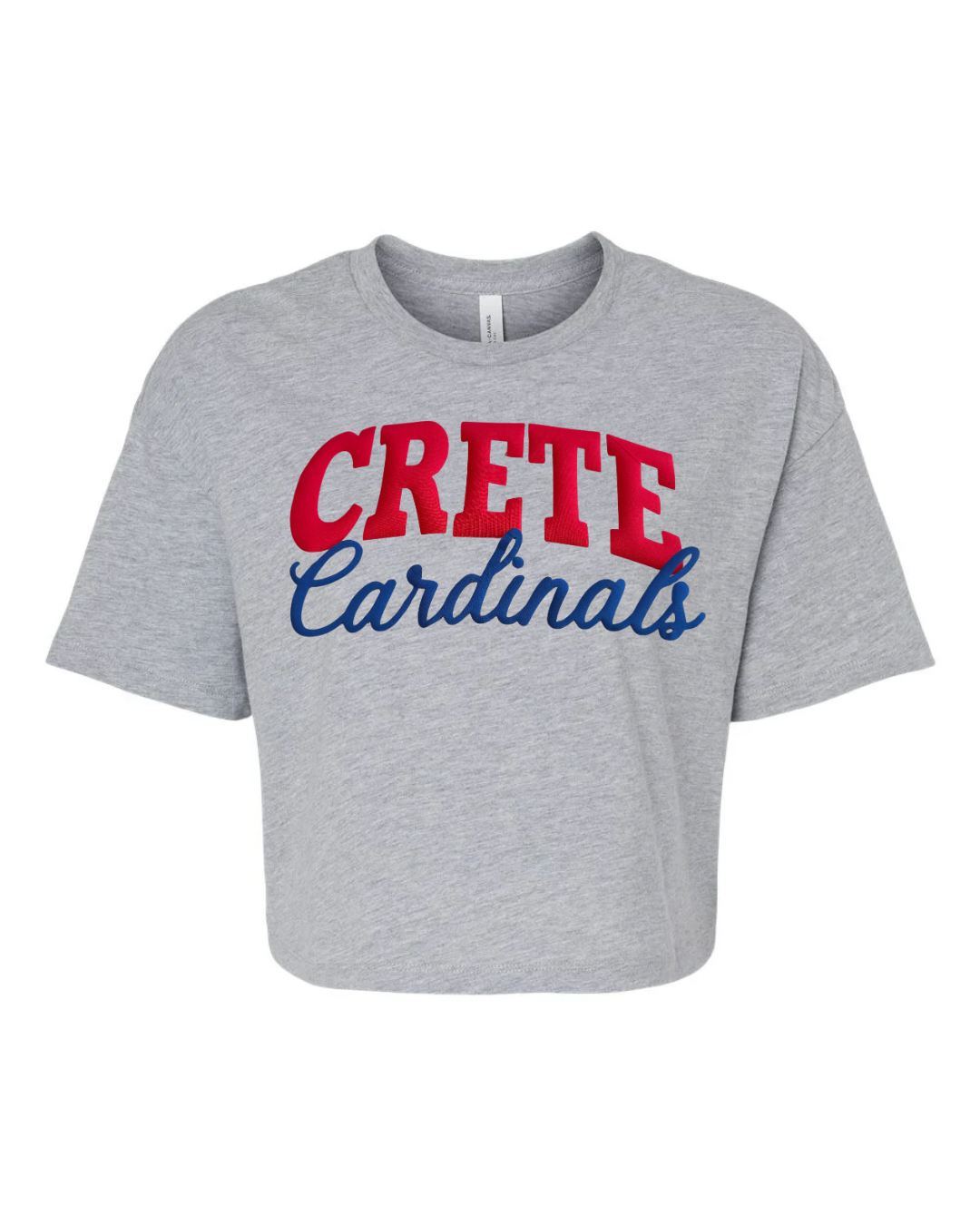 RED CRETE BLUE CURSIVE CARDINALS - GREY CROP TEE