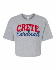 RED CRETE BLUE CURSIVE CARDINALS - GREY CROP TEE
