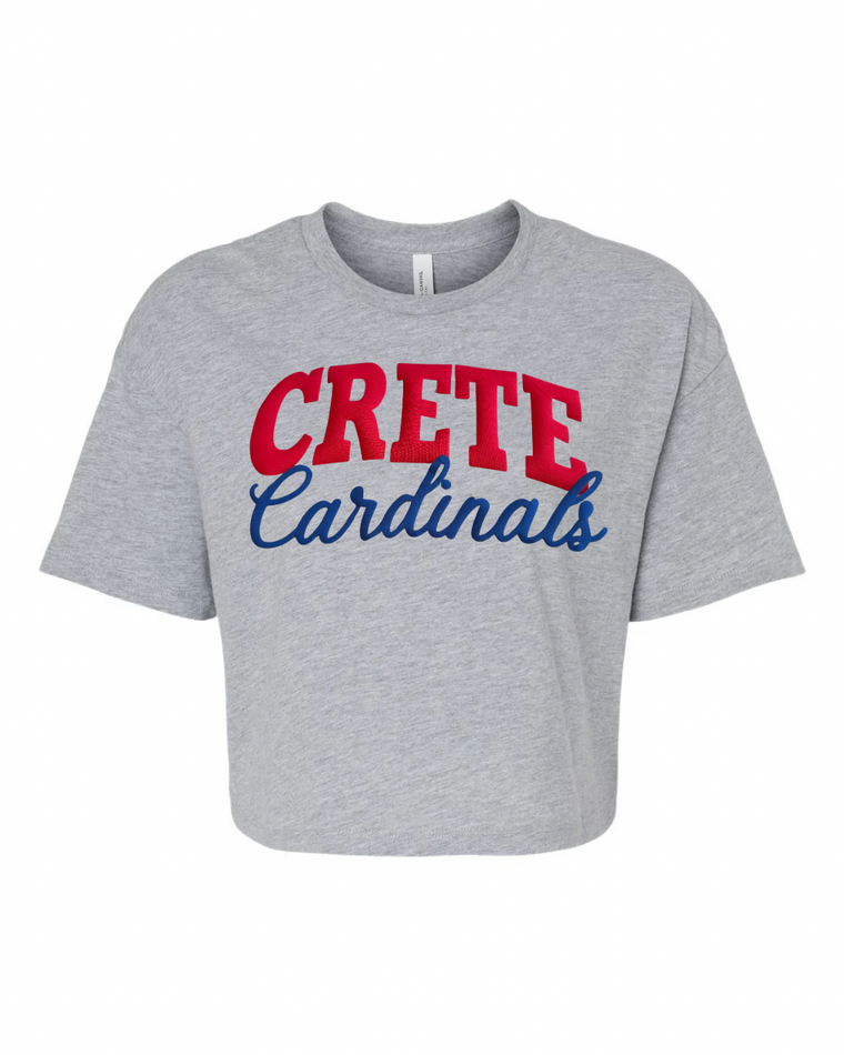 RED CRETE BLUE CURSIVE CARDINALS - GREY CROP TEE