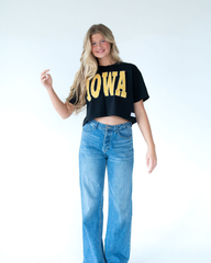 YELLOW + WHITE FLORAL IOWA - BLACK CROP TEE