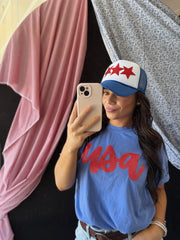 RED METALLIC STARS - BLUE TRUCKER HAT