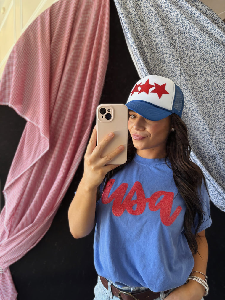 RED METALLIC STARS - BLUE TRUCKER HAT