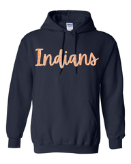CURSIVE ORANGE/WHITE GINGHAM INDIANS - BLACK GILDAN HOODIE - YOUTH + ADULT