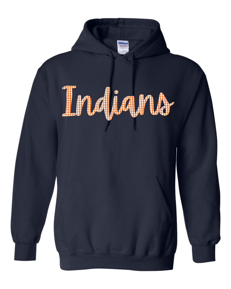 CURSIVE ORANGE/WHITE GINGHAM INDIANS - BLACK GILDAN HOODIE - YOUTH + ADULT