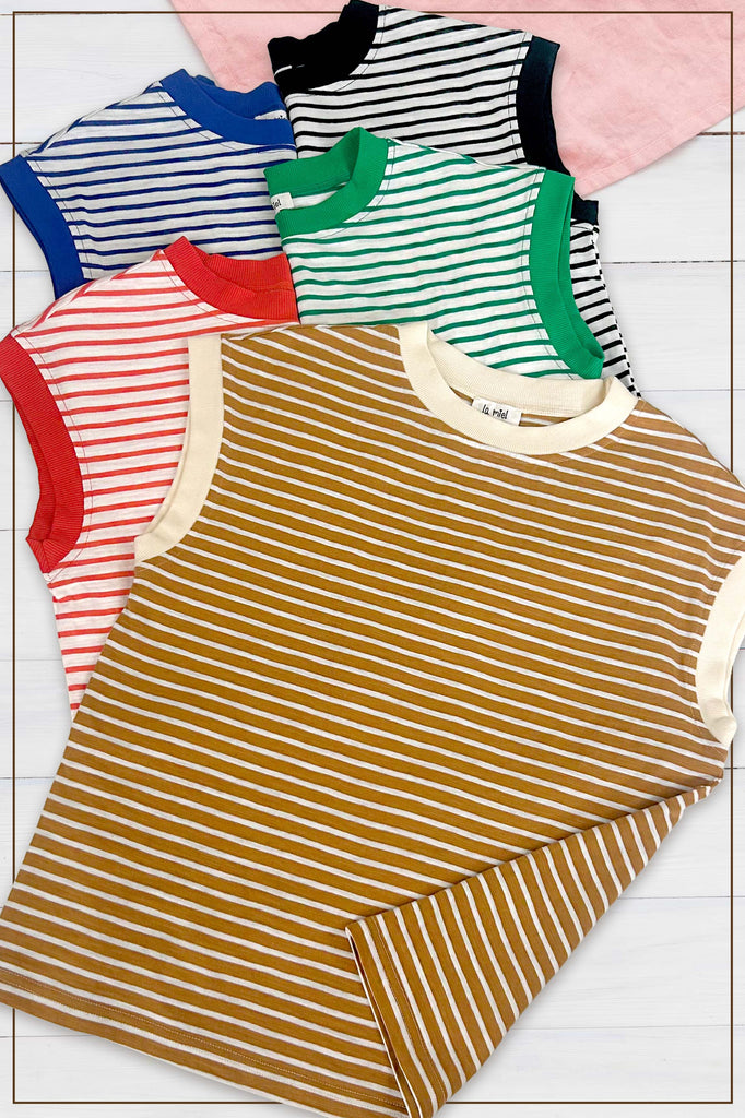 La Miel - JDT7710-Nautical Cap Sleeve Striped Top: Goji Berry / M