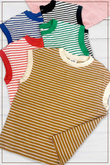 La Miel - JDT7710-Nautical Cap Sleeve Striped Top: Goji Berry / M