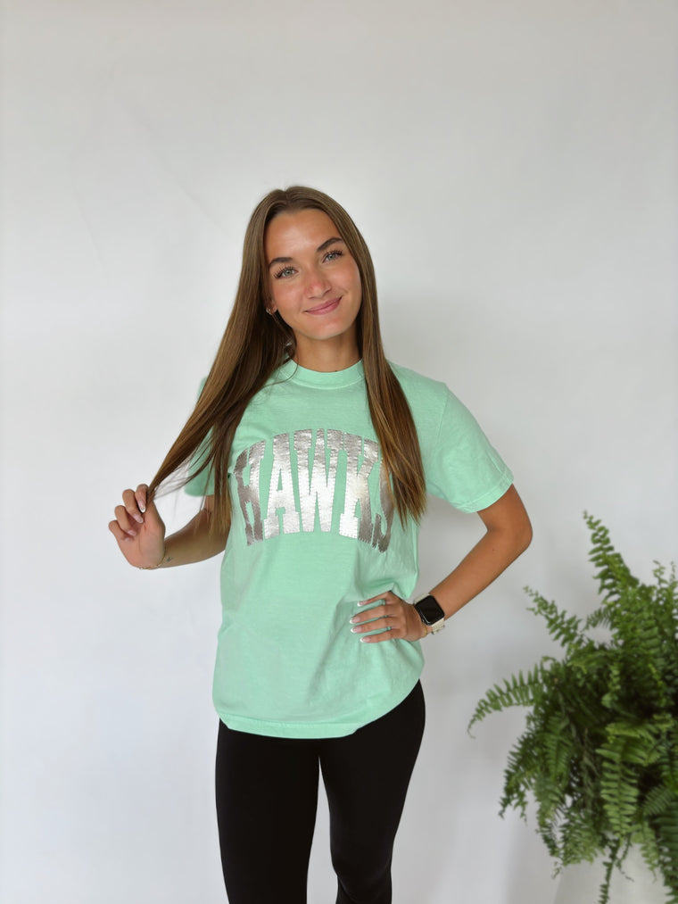 VARSITY SILVER METALLIC HAWKS - MINT GREEN TEE