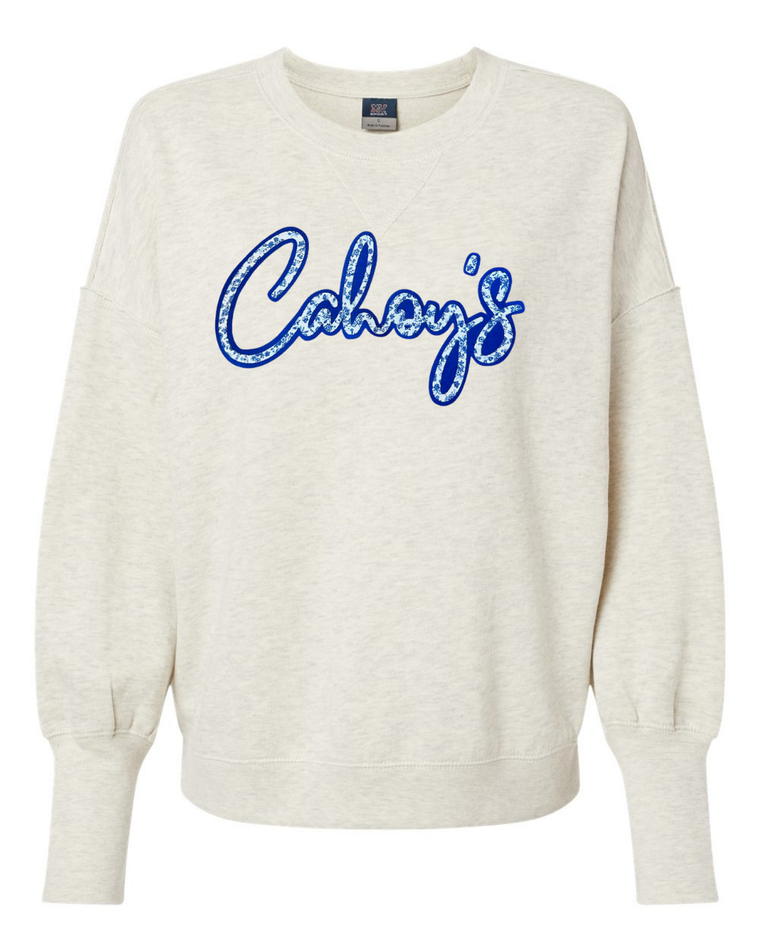 BLUE FLORAL/BLUE CAHOY'S - OATMEAL SUEDED CREW