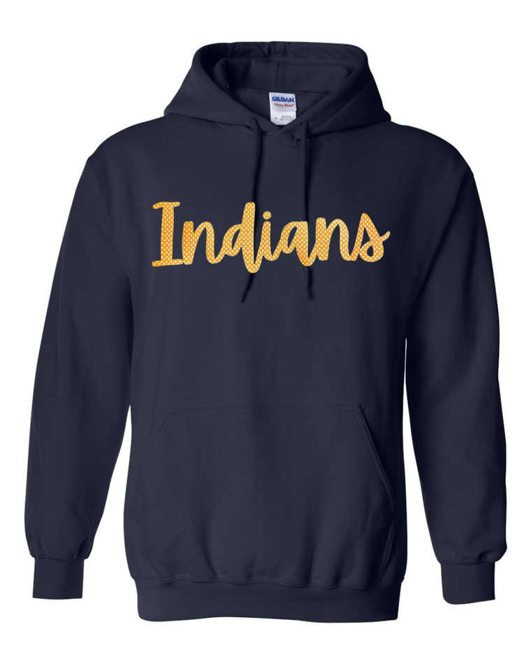 CURSIVE ORANGE/WHITE POLKA DOT INDIANS - BLACK GILDAN HOODIE - YOUTH + ADULT
