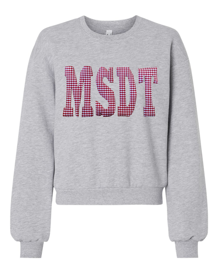 RED GINGHAM MSDT - GREY CROP FLEECE CREW