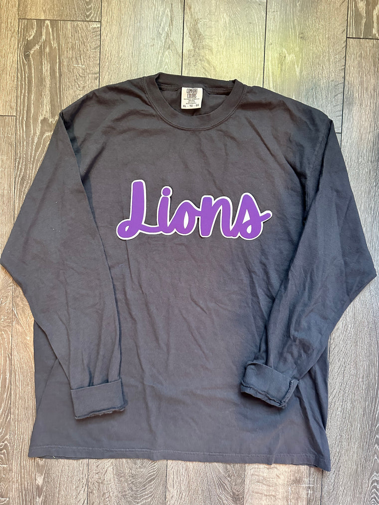 CURSIVE PURPLE/WHITE LIONS - DARK GREY COMFORT COLORS LONG SLEEVE TEE