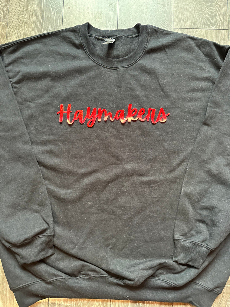 RED METALLIC CURSIVE HAYMAKERS - BLACK CREWNECK (YOUTH + ADULT)