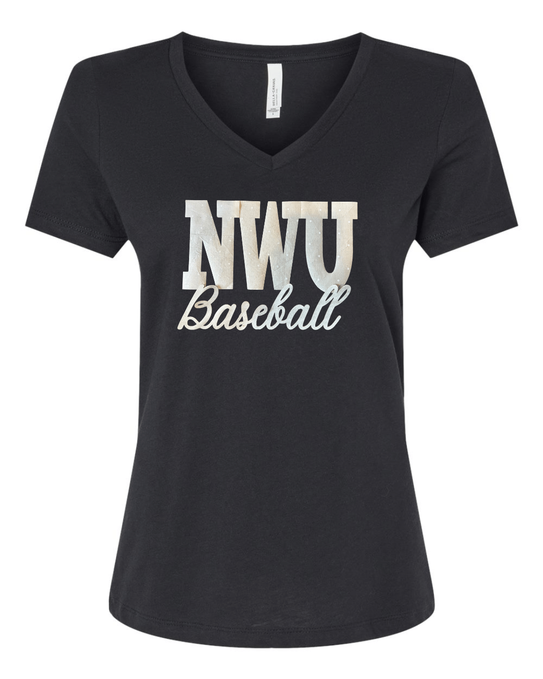 BEIGE POLKA DOT NWU BASEBALL - BLACK V NECK TEE