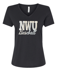 BEIGE POLKA DOT NWU BASEBALL - BLACK V NECK TEE