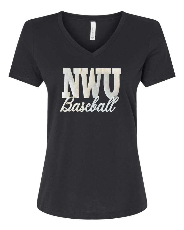 BEIGE POLKA DOT NWU BASEBALL - BLACK V NECK TEE