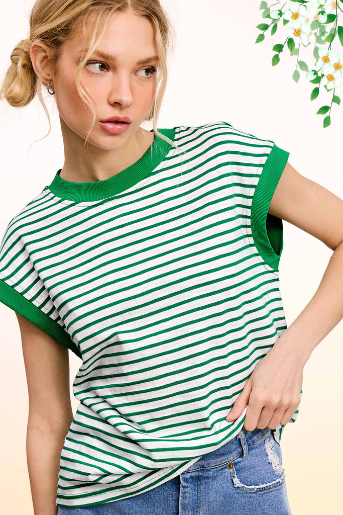 La Miel - JDT7710-Nautical Cap Sleeve Striped Top: Goji Berry / M