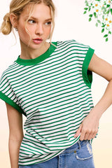 La Miel - JDT7710-Nautical Cap Sleeve Striped Top: Goji Berry / M
