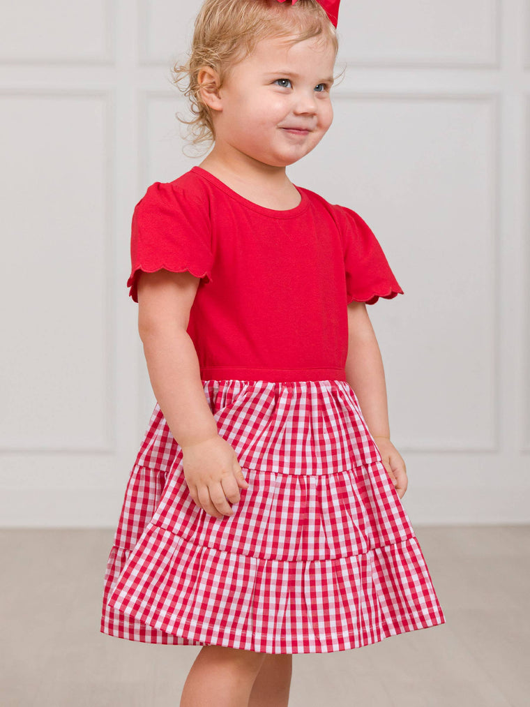 RuffleButts + RuggedButts - Girls Classic Red Gingham Short Sleeve Tiered Dress
: Red / 2T