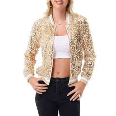Anna Kaci Wholesale - Game Day Sequin Bomber Jacket with Ribbed Trim and Front Zip: Red / Small 4-6