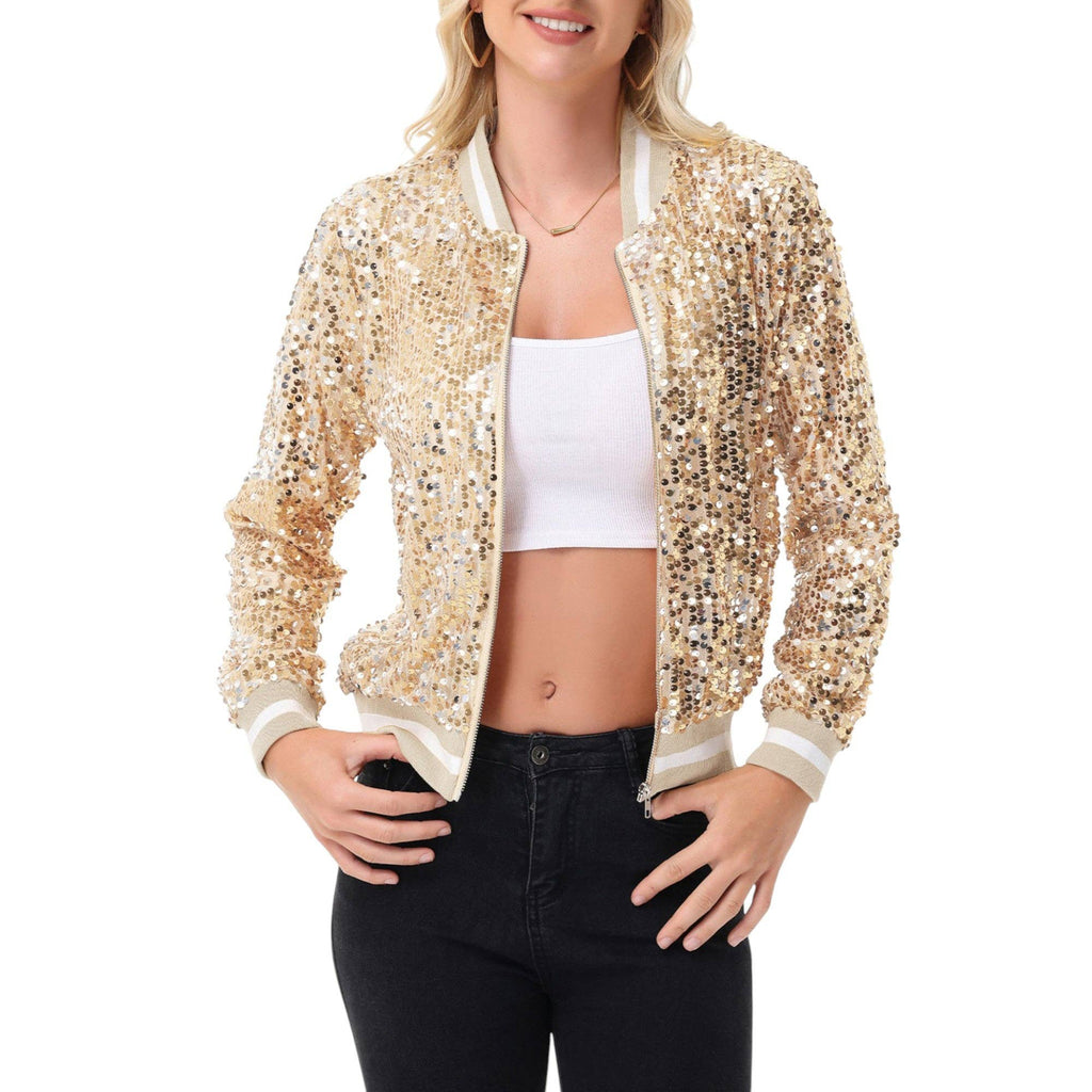 Anna Kaci Wholesale - Game Day Sequin Bomber Jacket with Ribbed Trim and Front Zip: Red / XXL 20-22