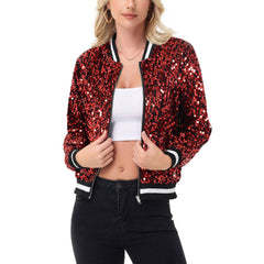 Anna Kaci Wholesale - Game Day Sequin Bomber Jacket with Ribbed Trim and Front Zip: Red / Small 4-6