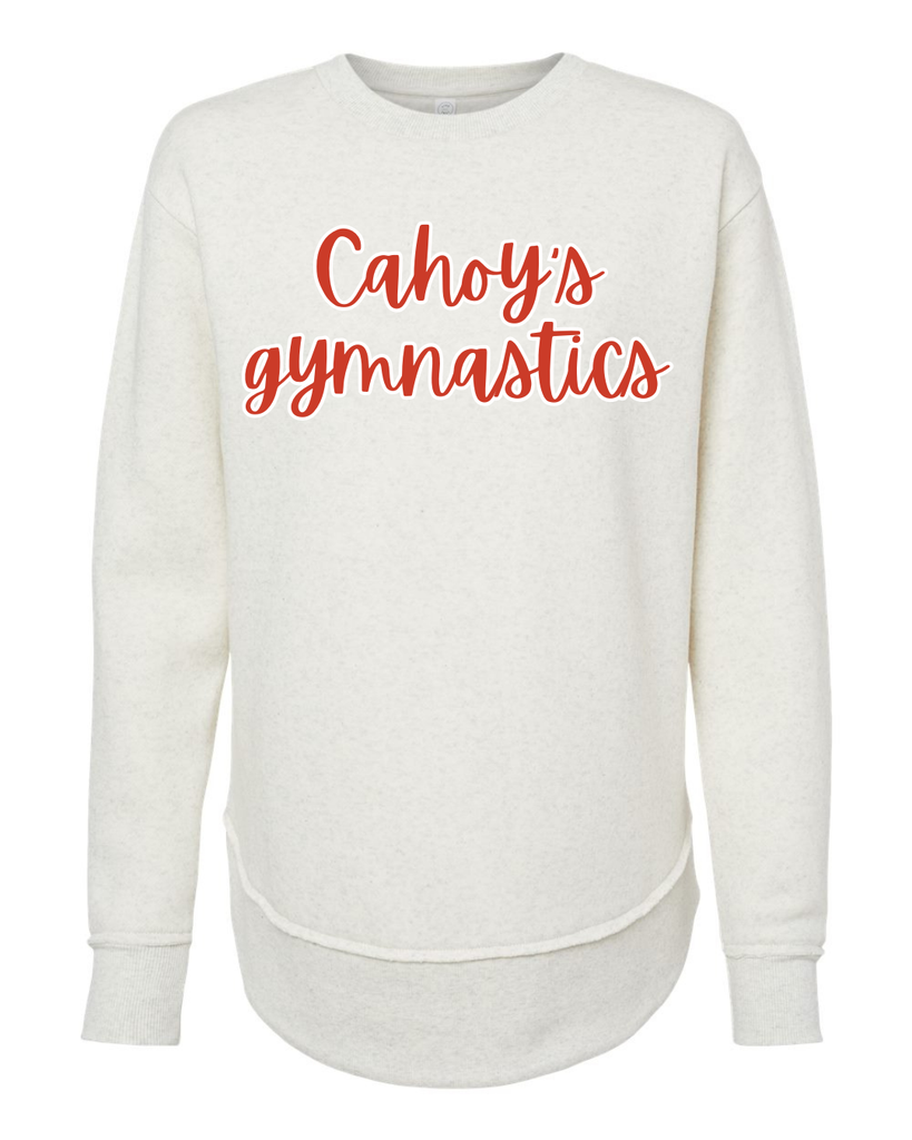 RED/WHITE CAHOY'S GYMNASTICS - NATURAL HEATHER WOMENS FLEECE LONG CREW
