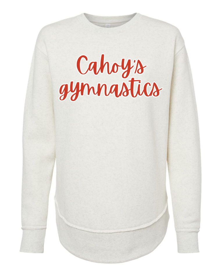 RED/WHITE CAHOY'S GYMNASTICS - NATURAL HEATHER WOMENS FLEECE LONG CREW