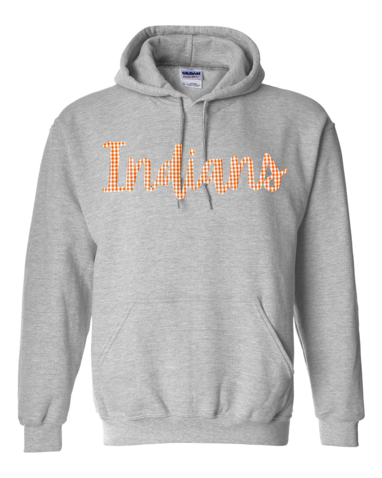 CURSIVE ORANGE/WHITE GINGHAM INDIANS - GREY GILDAN HOODIE - YOUTH + ADULT