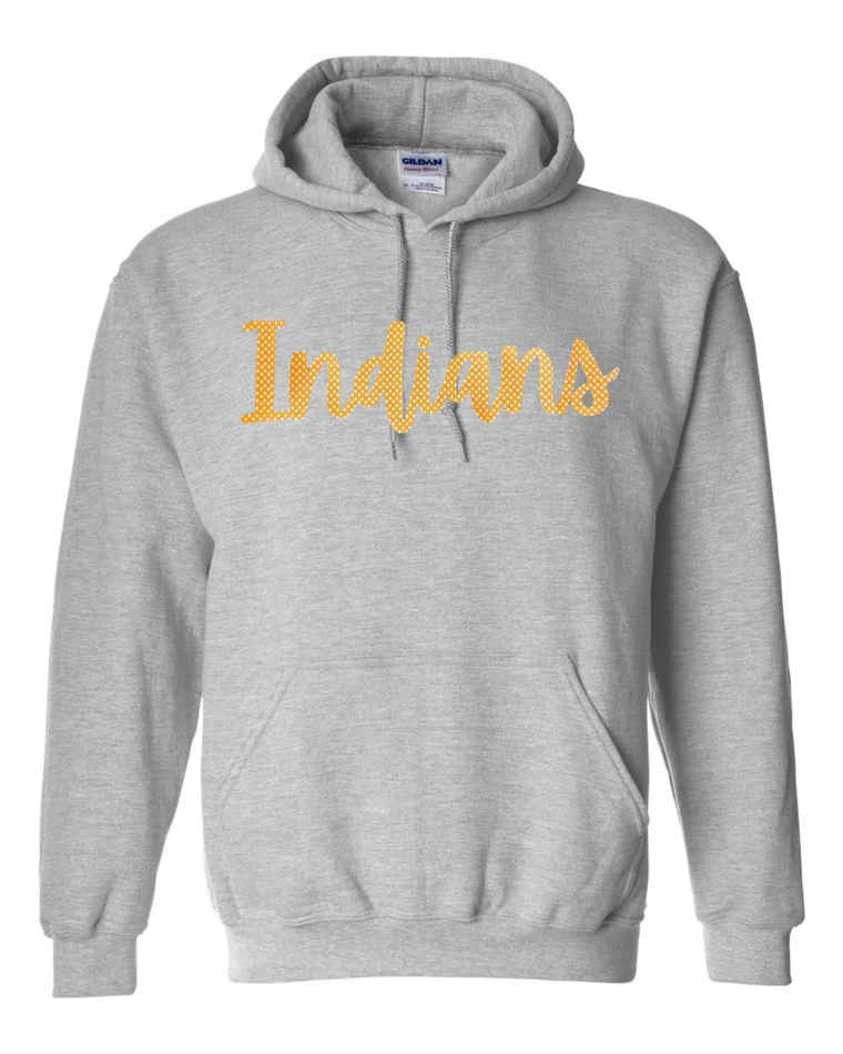 CURSIVE ORANGE/WHITE POLKA DOT INDIANS - GREY GILDAN HOODIE - YOUTH + ADULT