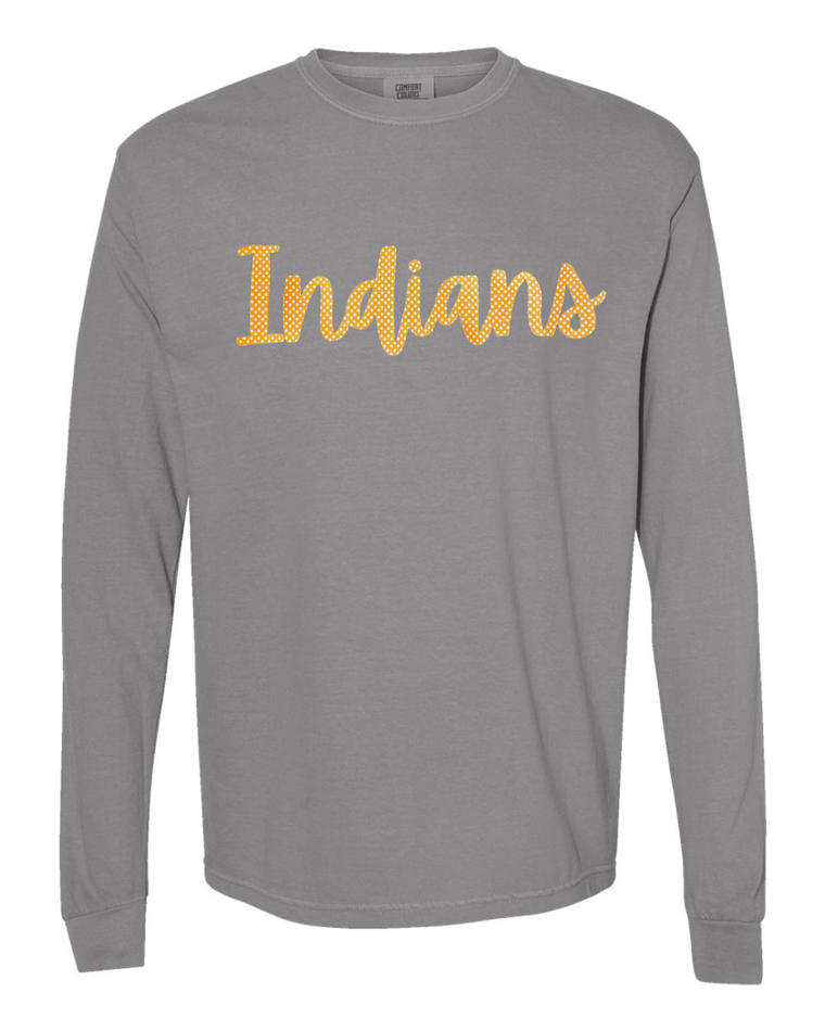 CURSIVE ORANGE/WHITE POLKA DOT INDIANS - GREY LONG SLEEVE