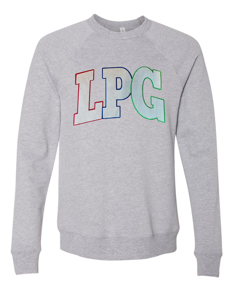 LPG - (BLACK/WHITE POLKA +  RED-BLUE-GREEN BACKING) - ATHLETIC HEATHER SPONGE CREW