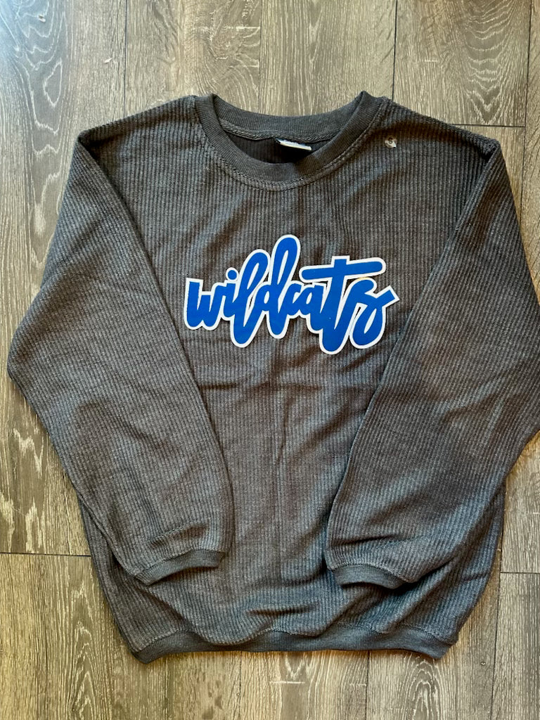 CURSIVE WILDCATS - GREY RIBBED CREW